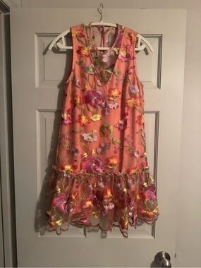 Trina Turk Coral Sheer Floral Embroidered Mini Dress